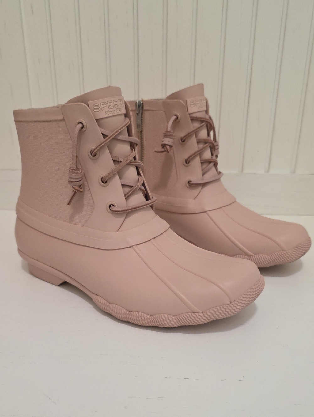 Sperry Duck Boots Women Size 7 Blush Pink Zippers On Sides Rain Boots Ankle